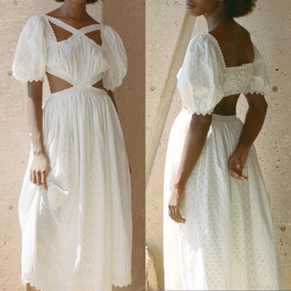 Doen Ravenna Eyelet Salt White Midi Dress Cutout Puff Sleeves Small